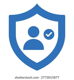 Blue shield icon representing personal data protection and user account security with a checkmark confirmation symbol icon