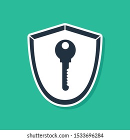 Blue Shield with key icon isolated on green background. Protection and security concept. Safety badge icon. Privacy banner. Defense tag.  Vector Illustration