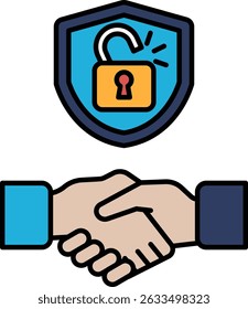 A blue shield with a keyhole and a handshake symbol. Concept of trust and security