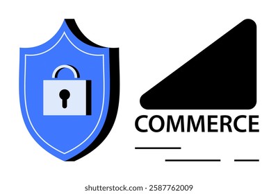 Blue shield with keyhole padlock beside a black triangle labeled COMMERCE. Ideal for e-commerce, online security, cyber protection, data privacy, business branding, web design, digital marketing