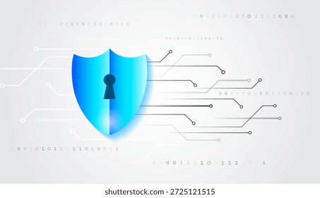 Escudo azul com fechadura simbolizando a cibersegurança e proteção de dados em um fundo digital com código binário e linhas de circuito. Conceito de segurança de tecnologia moderna.