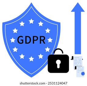 Escudo azul rotulado GDPR com doze estrelas, símbolo de bloqueio preto, documento e seta para cima. Ideal para proteção de dados, segurança, conformidade, política de privacidade, segurança on-line. Design digital minimalista