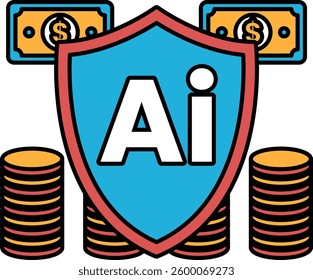 A blue shield with the letters AI on it and stacks of coins on top. The coins are red and yellow