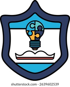 A blue shield with a light bulb on it. The light bulb is yellow and it is surrounded by a puzzle piece design. The shield is meant to represent the idea of a light bulb