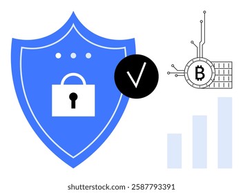 A blue shield with a lock, a checkmark symbol, a Bitcoin logo with circuit lines, and a bar graph. Ideal for cybersecurity, Bitcoin transactions, data protection, digital finance, and blockchain