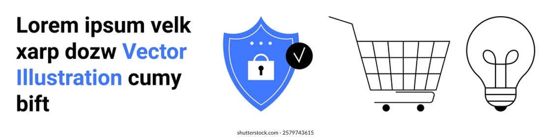 Blue shield with lock representing security. Shopping cart symbolizing e-commerce. Light bulb denoting ideas and innovation. Ideal for online shopping security, e-commerce, innovative solutions