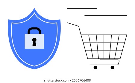 Blue shield with lock and shopping cart highlights secure online shopping Ideal for e-commerce, security data protection online payment systems and digital transactions Modern flat style