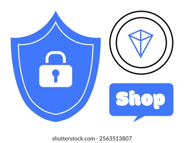 Blue shield with lock symbol, circular badge with a diamond, and blue speech bubble with shop text. Ideal for online security, e-commerce, shopping, cybersecurity, and branding. Simple vector style