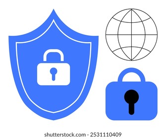 Blue shield and lock symbol with globe. Ideal for themes of cybersecurity, online privacy, data protection, global connection, and secure communications. Flat illustration style, focusing on digital