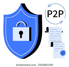 A blue shield with a lock symbol and a P2P icon next to a receipt. Ideal for data security, online payments, privacy protection, financial transactions, and encryption. Minimalist vector art