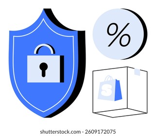 Blue shield with lock symbol, percentage sign, and shopping bag inside cube. Ideal for e-commerce, online security, sales, discounts, retail, customer protection, and delivery services. Line metaphor