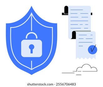 A blue shield with a lock symbol representing security next to two documents, one with a checkmark. Ideal for data security, privacy, document protection, cybersecurity, digital safety. Simple