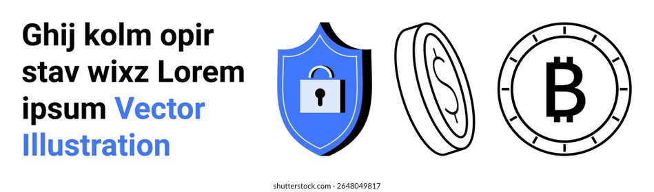 Blue shield with lock, two cryptocurrency coins, and sample text in black and blue. Ideal for security, finance, cryptocurrency, blockchain, technology, digital assets, cyber protection. Landing page