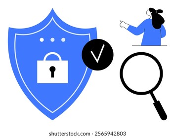 Blue shield with lock, a verification checkmark, person pointing up, and magnifying glass. Ideal for security, authentication, data protection, technology, and research. Flat vector style