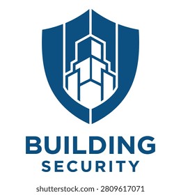 Blue shield logo with building inside and building security text icon