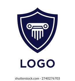 A blue shield logo with a white outline and a column icon
