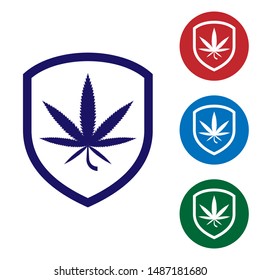 Blue Shield and marijuana or cannabis leaf icon isolated on white background. Marijuana legalization. Hemp symbol. Set color icons in circle buttons. Vector Illustration
