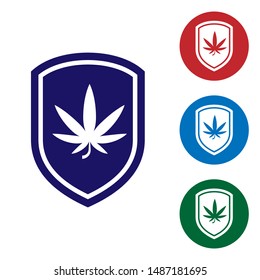 Blue Shield and marijuana or cannabis leaf icon isolated on white background. Marijuana legalization. Hemp symbol. Set color icons in circle buttons. Vector Illustration