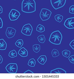 Blue Shield and marijuana or cannabis leaf icon isolated seamless pattern on blue background. Marijuana legalization. Hemp symbol.  Vector Illustration