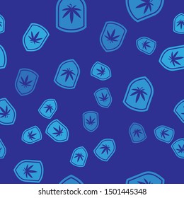 Blue Shield and marijuana or cannabis leaf icon isolated seamless pattern on blue background. Marijuana legalization. Hemp symbol.  Vector Illustration