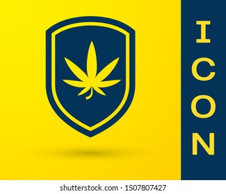 Blue Shield and marijuana or cannabis leaf icon isolated on yellow background. Marijuana legalization. Hemp symbol.  Vector Illustration