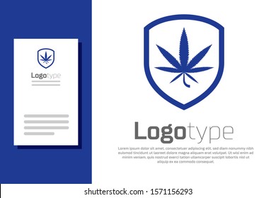 Blue Shield and marijuana or cannabis leaf icon isolated on white background. Marijuana legalization. Hemp symbol. Logo design template element. Vector Illustration