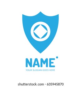 Blue shield on white background. Vector logo design. Business concept icon.