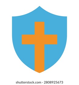 A blue shield with an orange cross on a white background, representing protection and faith