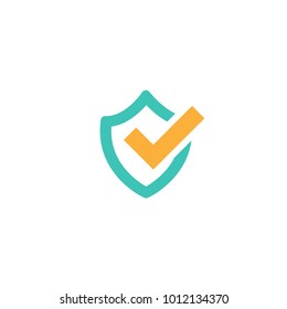 Blue shield with orange tick sign. Vector flat icon isolated on white. security sign. protection emblem