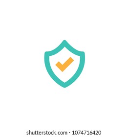 Blue shield with orange tick sign. Vector flat icon isolated on white. security sign. protection emblem