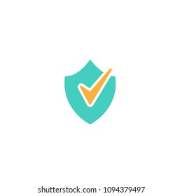 Blue shield with orange tick sign. Vector flat icon isolated on white. security sign. protection emblem