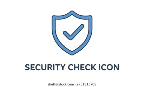 Blue shield outline with checkmark symbol representing security, protection, verification, and safety icon for digital interface and authentication