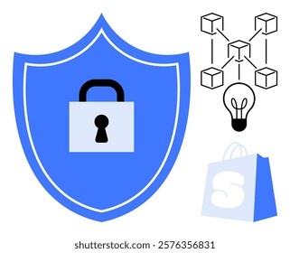 A blue shield with a padlock represents security. Above a lightbulb connected to blockchain cubes symbolizes innovation. A shopping bag with an S denotes e-commerce. Ideal for blockchain