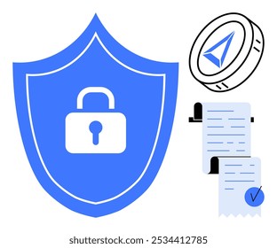 Escudo azul con símbolo de candado, moneda de criptomoneda con una flecha de navegación y un documento con marca de verificación. Ideal para ciberseguridad, moneda digital, transacciones seguras, privacidad en línea, finanzas