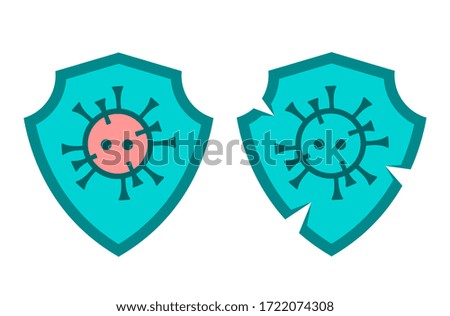 Blue shield with a pattern of coronavirus. Symbol of the fight against the pandemic. Flat illustration. Vector isolated icons.