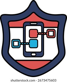 Un escudo azul con un teléfono. El escudo es rojo y blanco. El escudo es un símbolo de protección
