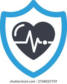 Blue shield protecting heart with ecg line, healthcare symbol electrocardiogram pulse