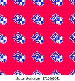 Blue Shield protecting from virus, germs and bacteria icon isolated seamless pattern on red background. Immune system concept. Corona virus 2019-nCoV.  Vector Illustration