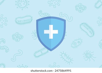 Blauer Schild zum Schutz vor Viruskeimen und Bakterien. Vektorillustration des Hintergrundkonzepts des Immunsystems