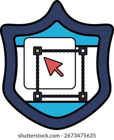 A blue shield with a red arrow pointing to the center. The shield is decorated with a blue and white design