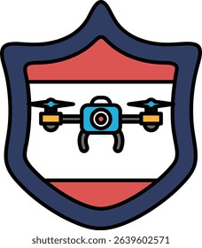 A blue shield with a red background and a drone on it. The drone is on the shield and is surrounded by a red border
