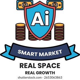 A blue shield with a red border and the letters AI on it. The shield is surrounded by stacks of coins. The image is titled "Real Space Real Growth"