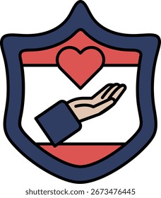 A blue shield with a red heart and a hand holding it. The shield is meant to represent protection and love