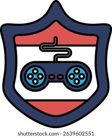 A blue shield with a red stripe and a white background. The shield has a video game controller on it