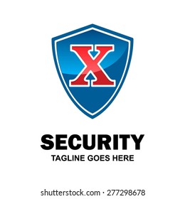 Blue Shield red typography logo. Abstract secure shield logo design - various geometric shapes - Security visual identity - Security Logo template design . Business sign identity vector illustration