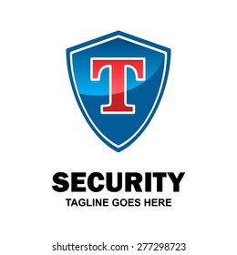 Blue Shield red typography logo. Abstract secure shield logo design - various geometric shapes - Security visual identity - Security Logo template design . Business sign identity vector illustration