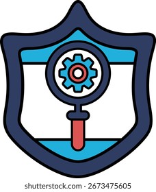 Un escudo azul con un engranaje rojo y blanco. El equipo es un símbolo de protección y seguridad