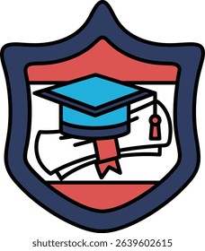 A blue shield with a red and white stripe and a blue hat on top. The hat has a red ribbon and a red and white paper