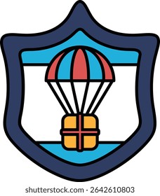 A blue shield with a red, white and blue umbrella on it. The umbrella is holding a box