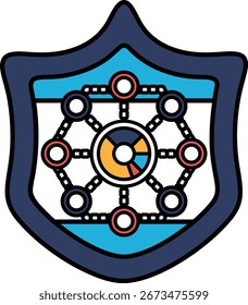 A blue shield with a red and yellow circle in the middle. The shield is surrounded by a network of lines